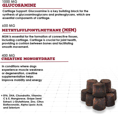 Triple Strength Hypo-Allergenic Soft Chews for Dogs - Hip and Joint Support Supplement with Glucosamine, Chondroitin, & MSM - Made in The USA - 120 Soft Chews