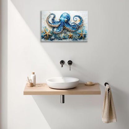 Octopus Bathroom Pictures Wall Art, Sea Animal Ocean Bathroom Wall Decor, Nautical Framed Painting Canvas Artwork for Bedroom Living Room Decorations 24"L x 16"W
