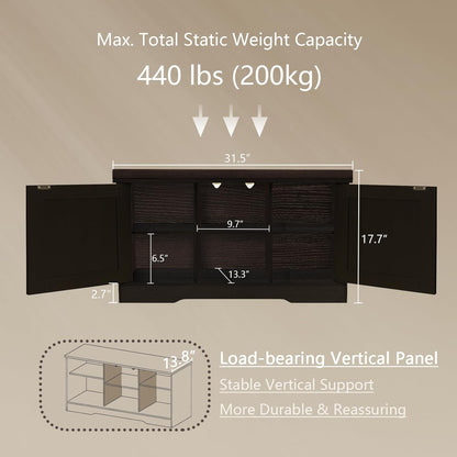 DINZI LVJ Shoe Bench, Entryway Storage Bench with Doors, Cushion, 2-Tier Shoe Rack with 6-Cubby, 31.5”L x 13.8”W Shoe Organizer Cabinet, Adjustable Shelf, Living Room, Bedroom, Espresso