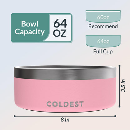 Coldest Dog Bowl - Anti Rust Metal, Non Slip, 3 Layers Insulated Stainless Steel Dog Bowls - Spill Proof & Heavy Duty - Water Bowl for Dogs, Cats & Pets, Dish Washer Safe (64 oz,Cotton Candy Pink)
