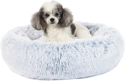Bedfolks Calming Donut Dog Bed, 23 Inches Round Fluffy Dog Beds for Small Dogs, Machine Washable Anti-Anxiety Plush Puppy Bed（Light Blue, Small）