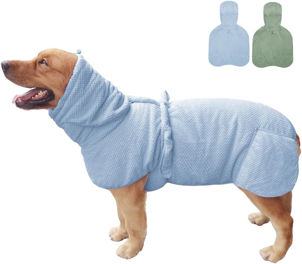 Medium to Large Size Dog Bathrobe, Quick Drying Super Absorbent Used for After Bathing, Warm Dog Towels, Adjustable Hoodies and Belts for Pet Dogs Bath Clothes Products (Blue Jacquard, 3XL)