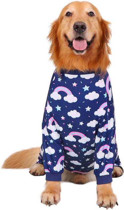 HDE Dog Pajamas One Piece Jammies Jumpsuit Pet Clothes Outfit Stretchy Lightweight Comfy Shirt Pjs for M-3XL Dogs Rainbows - L