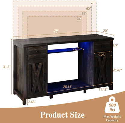 75 Gallon Fish Tank Stand with LED Light & Power Outlets, 55-75 Gallon Heavy Duty Metal Aquarium Stand with Drawers & Barn Doors, Cabinet for 2 Fish Tank Accessories Storage, Dark Oak