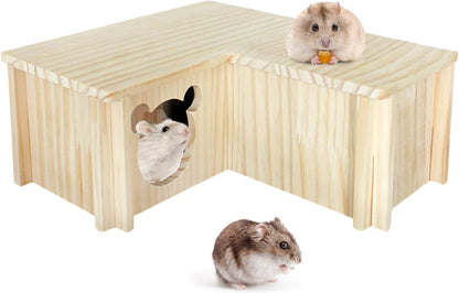 Wooden Hamster Platform and Dwarf Hamster House,Cute Syrian Hamster Tiny House Hideout,Large Balcony Lookout Holes,for Dwarf Gerbils and Mouse Mice Rat Other Small Animals(F)