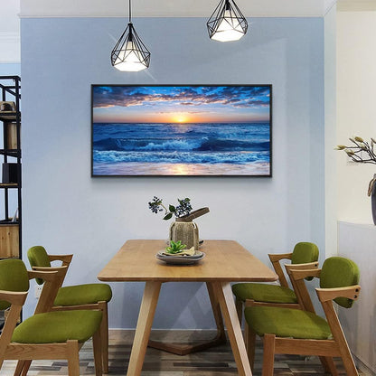 Sea Beach Framed Canvas Wall Art For Living Room Wall Decor For Bedroom Home Decor Blue Ocean Canvas Pictures Artwork Sunny Sea View Wave Painting Office Wall Decorations Black Framed 20" X 40"