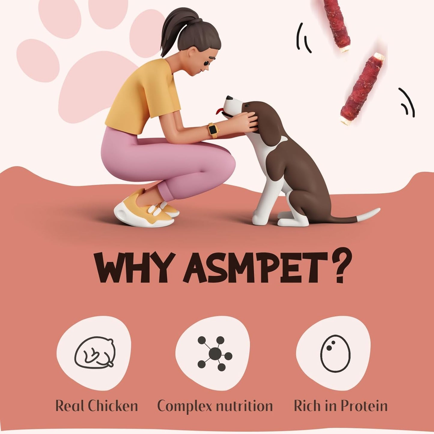 ASMPET Dog Treats, Chicken Wrapped Rawhide Sticks Filled with Sweet Potato for Small Medium Large Dogs（6pcs）