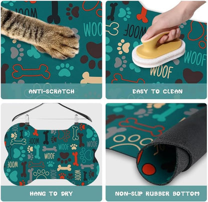 Dog Food Mats for Floors Waterproof, Pet Feeding Absorbent Water Bowl Mat Cat Placemats Green Bone Shape 25.5 * 17 inch
