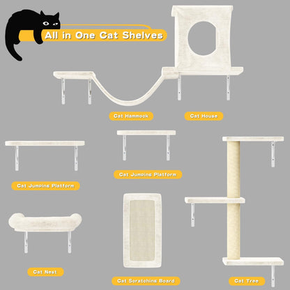 NUNU LAB Wall Mounted Cat Climber Set, 6 Pcs Cat Furniture Set with House, Bridge, Steps, Scratcher Board and Hammock, Shelves for Indoor, Luxury Walls Furniture(Beige)