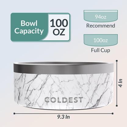 Coldest Dog Bowl - Anti Rust Metal, Non Slip, 3 Layers Insulated Stainless Steel Dog Bowls - Spill Proof & Heavy Duty - Water Bowl for Dogs, Cats & Pets, Dish Washer Safe (100 oz, Carrara Marble)