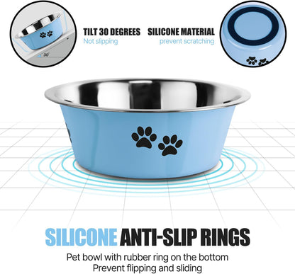 Stainless Steel Dog Bowls, Nonslip Rubber Bottom No Spill Proof Skid Metal Insulated Dog Bowls for Large Medium Small Breed Dogs (Blue, 6.6 Cups/53 OZ)