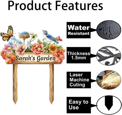 Personalized Colorful Bird Metal Sign with Stake,Custom Gardener Last Name Signs Outdoor Decorate,Customized Garden Accessories Decor for Mom,Butterfly Flowers Plaques for Patio Lawn Porch Backyard
