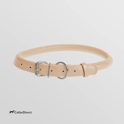 CollarDirect Rolled Leather Dog Collar, Soft Padded Round Puppy Collar, Handmade Genuine Leather Collar Dog Small Large Cat Collars 13 Colors (13-16 Inch, Beige Textured)