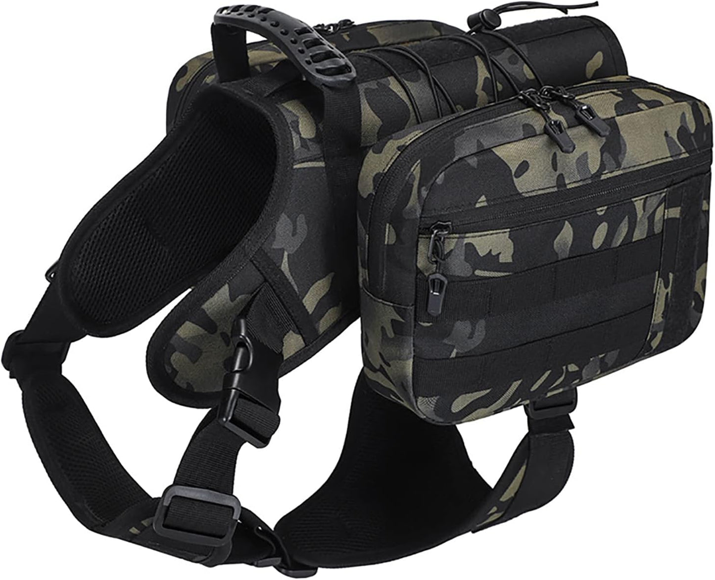 BYGD Dog Saddle Backpack for Hiking, Lightweight Waterproof Harness with Removable Bags for Large Dogs, Outdoors (Camo)