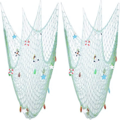 Nature Fish Net Wall Decoration with Shells, Ocean Themed Wall Hangings Fishing Net Party Decor for Pirate Party,Wedding,Photographing Decoration (2pack-Aqua/Aqua)