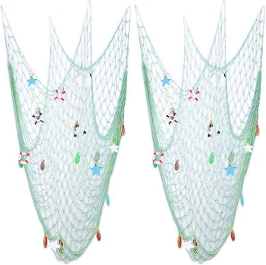 Nature Fish Net Wall Decoration with Shells, Ocean Themed Wall Hangings Fishing Net Party Decor for Pirate Party,Wedding,Photographing Decoration (2pack-Aqua/Aqua)