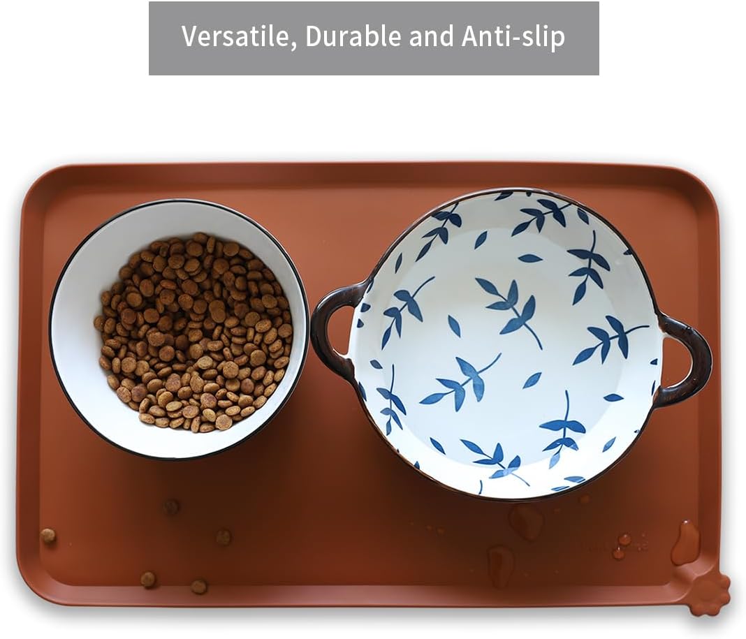 Hoki Found Silicone Pet Food Tray - Non Slip Pet Dog Bowl Mats - Cat Waterproof Mat for Carpet - Caramel