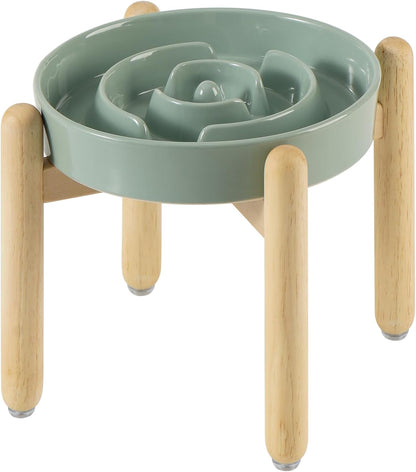 7.3inch Ceramic Raised Slow Feeder Dog Bowl Set, Elevated Wooden Stand for Medium and Small Dog, Puzzle Slow Dish, Preventing Choking(Light Green, Single Bowl+ Stand)