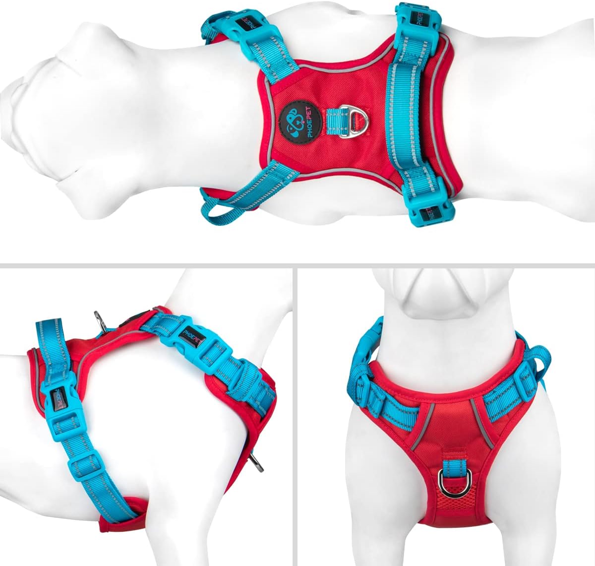 PHOEPET No Pull Dog Harness, Unique Colors Reflective Adjustable Dog Vest, with Soft Training Handle Metal Clips for Small Medium Large Dogs (Red Base & Teal Straps,M)