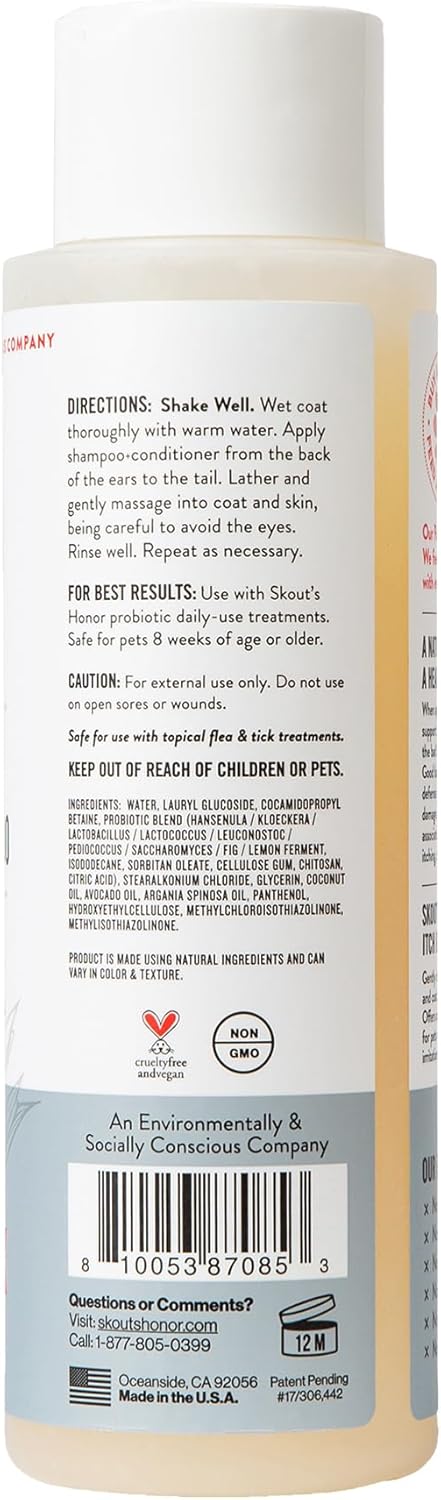 SKOUT'S HONOR Probiotic Itch Relief Shampoo for Pets - Non-Medicated, Fragrance-Free, Paraben & Sulfate-Free, with Avocado Oil & Omega 3's, 16 Fl Oz