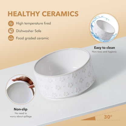 8.2inch Ceramic Raised Double Bowls Set with Acacia Wooden Stand, Food & Water Bowls for Large Breed Dogs, Weighted Dog Dishes, Pet Bowl(60OZ, Arctic White)