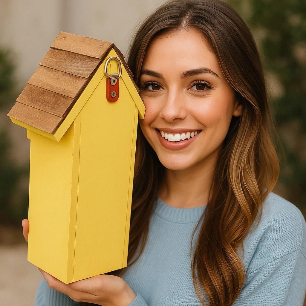 Shingle Roof Butterfly House for Outdoor, Insect House, Vintage Style Cedar Wood Bee House for Garden Outside, Open Door for Easy Cleaning Conservation.Shelter Hotel with Hooks for Hanging (Yellow)