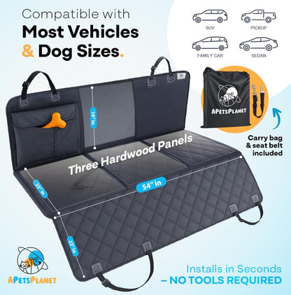 APetsPlanet Dog Car Seat Cover for Back Seat Hard Bottom - Waterproof Backseat Extender for Dogs - Pet Hammock for Car, Truck, SUV - Protector Bed with Mesh Window & Storage - Black, No Door Covers