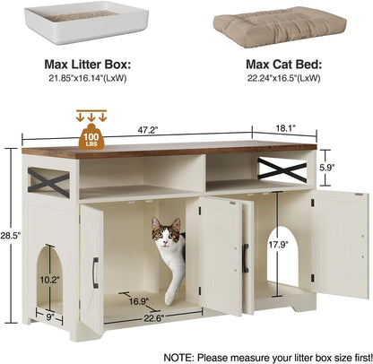 Cat Litter Box Enclosure for 2 Cats, 47" Hidden Litter Box Furniture Cat Washroom with Double Large Room, Farmhouse Indoor Litter Box Cabinet TV Stand, White