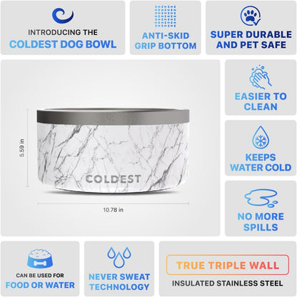 Coldest Dog Bowl - Anti Rust Metal, Non Slip, 3 Layers Insulated Stainless Steel Dog Bowls - Spill Proof & Heavy Duty - Water Bowl for Dogs, Cats & Pets, Dish Washer Safe (200 oz, Carrara Marble)