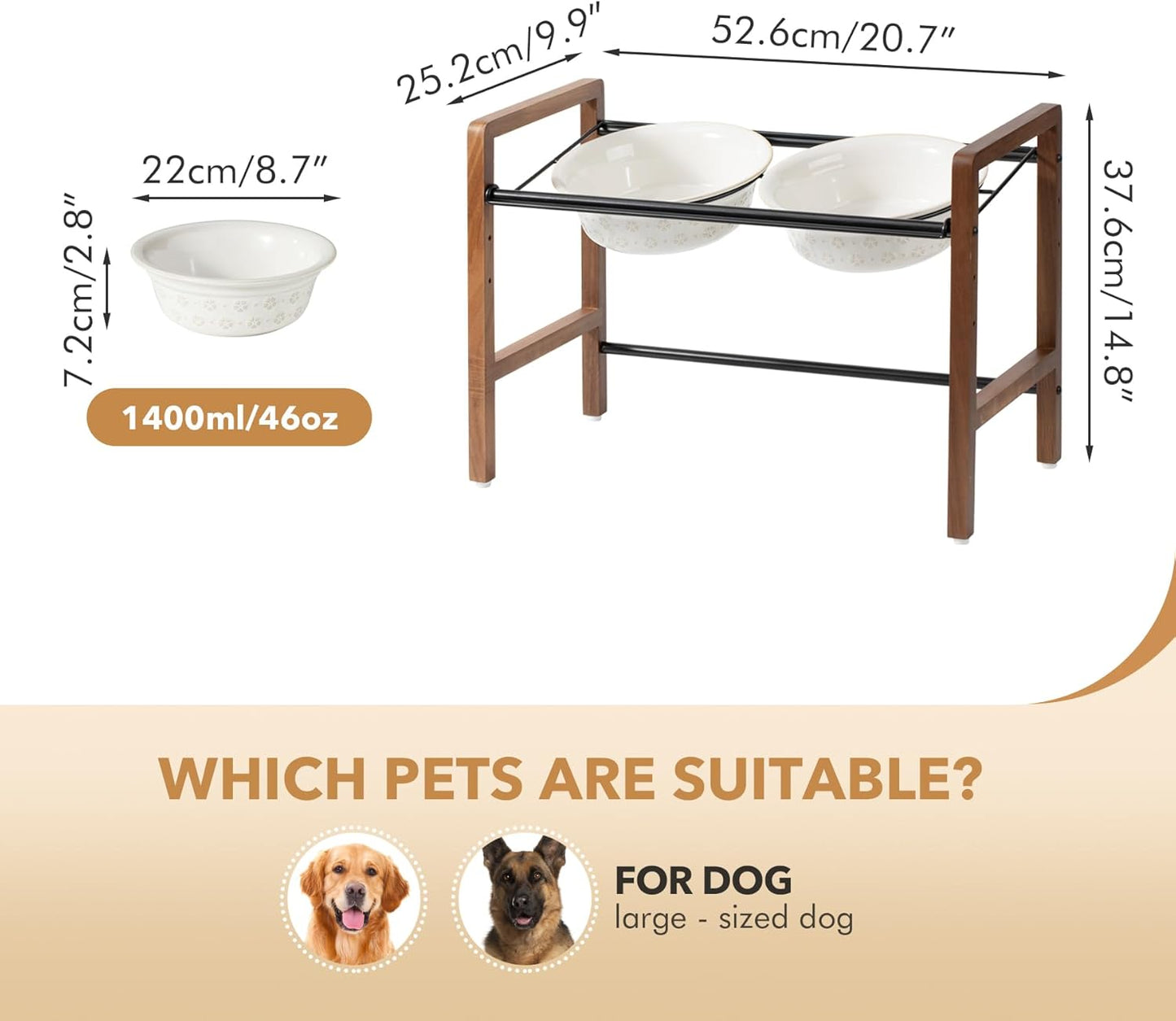 8.7inch Ceramic Adjustable Raised Double Bowls Set with Stand, 3 Heights Elevated, 2 Placement Options, Food and Water Dishes for Large Dog(Double Bowls+Stand, Reactived Glaze -White)