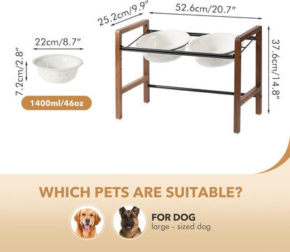 8.7inch Ceramic Adjustable Raised Double Bowls Set with Stand, 3 Heights Elevated, 2 Placement Options, Food and Water Dishes for Large Dog(Double Bowls+Stand, Reactived Glaze -White)
