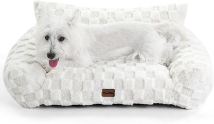 Made4Pets Cat and Dog Couch Bed, Soft Faux Fur Checkered Pet Sofa, Cozy Fluffy Pet Sofa with Supportive Foam, Removable Washable Cover with Non-Slip Base, White, Medium