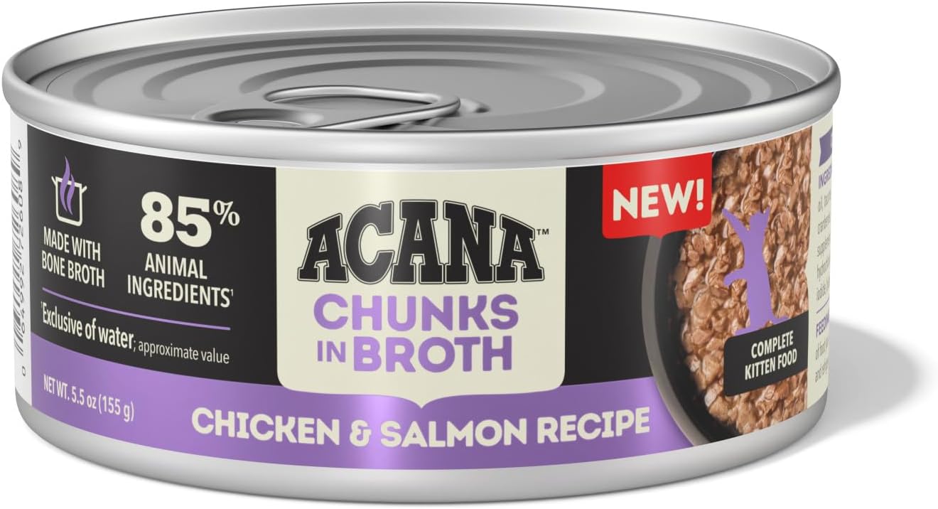 ACANA Chunks in Broth Wet Cat Food Chicken & Salmon Recipe for Kittens 5.5oz Cans (6 Count)