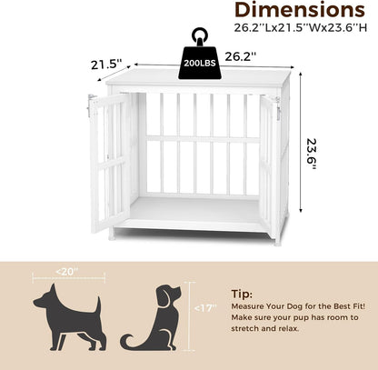 26 Inch Heavy Duty Wooden Dog Kennel End Table with Double Door Design and Secure Locks, Indoor Pet Crate Furniture for Small Dogs, Decorative Home Cage Design,White