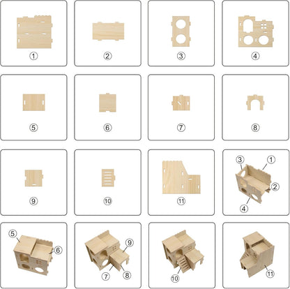 Multi-Chamber Hamster Hideout & House, Natural Wood Small Animal Cage Accessories for Dwarf Hamsters, Gerbils and Mice – Ventilated Design with Structure