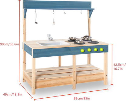 Mud Kitchen Playset for, Outdoor Wooden Toy Play Kitchen Set for Boys and Girls, Kitchen Accessories and Garden Sink with Faucet, Blackboard, Cookware Pot (Blue1)