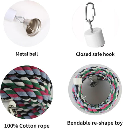 65 inch Length Colorful Cotton Bendable Rope Perch Swing Bird Chew Toys Amazon Parrots Cage Toys with Bell Swing Climbing Standing Bungee Bird Toys for Large to Regular Birds