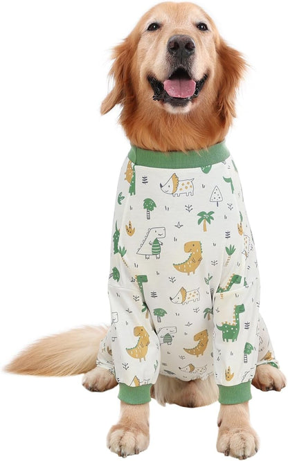 HDE Dog Pajamas One Piece Jammies Jumpsuit Pet Clothes Outfit Stretchy Lightweight Comfy Shirt Pjs for M-3XL Dogs Forest Dinos - M