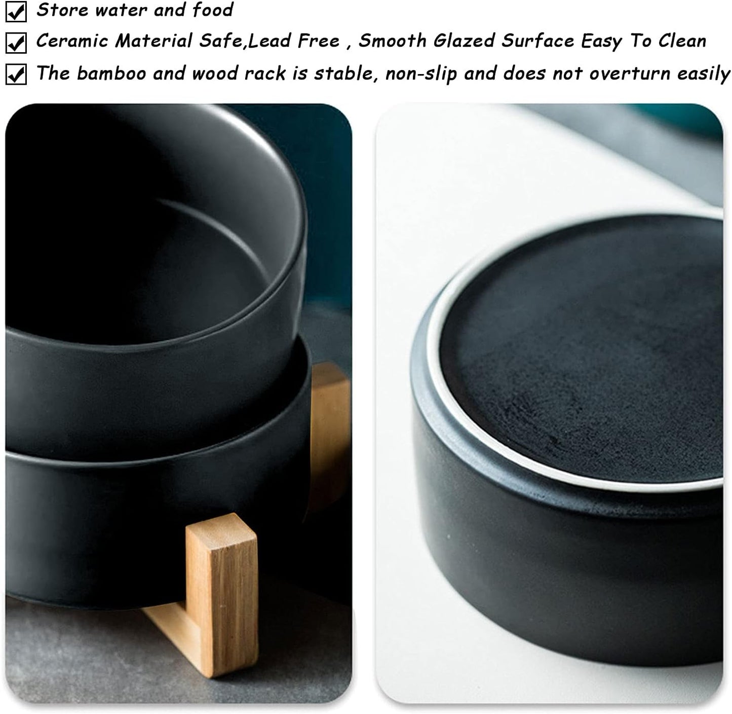 Petygooing Dog Bowls,Black Ceramic Cat Dog Bowl Set with Wood Stand for Food and Water,Non-Slip Cute Modern Pet Dish Set for Cats Small and Medium Dogs (28OZ/6.1 in)