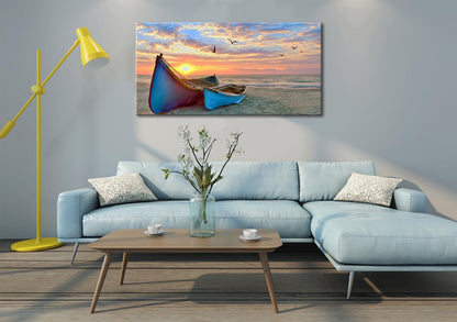 weiyiart Beach Wall Art Decor for Living Room Ocean Boat Canvas Picture for Wall Gold Sunset Painting for Bedroom Seascape Theme Art Print for Bathroom Home Office Decoration Ready to Hang 24x48 Inch