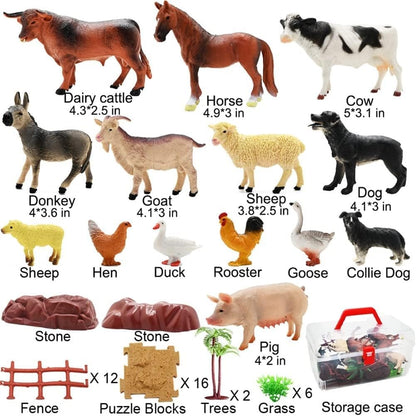 Farm Animal Figurines, Realistic Plastic Animals Toys with Fences Building Blocks, Farm Figures Playset Educational Birthday Gift for Kids & Toddlers, 53 PCS