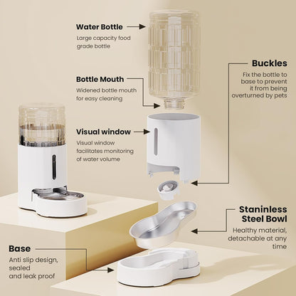 CZPET Automatic 4L/135Oz/1Gal Cat Water Dispenser with Stainless Steel Bowl, Gravity Waterer for Small Medium Dog Puppy Kitten (White)