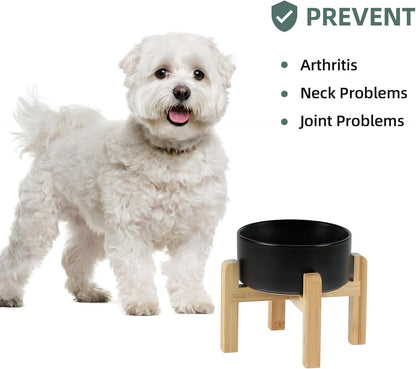 Ceramic Raised Dog and Cat Bowl Set, 2 Heights Elevated Stand, Food and Water Bowl for Small Breed Dogs, Weighted Dog Dishes, Pet Bowl(6.1'',28.7oz, Black)