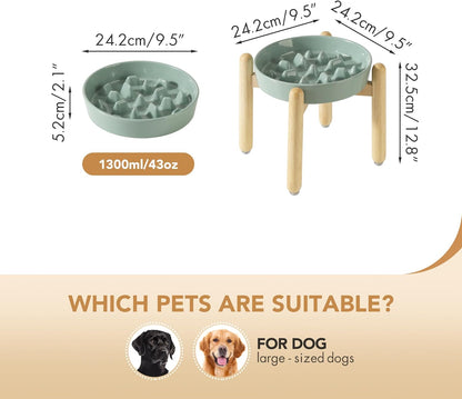 9.5inch Ceramic Dog Raised Slow Feeder Set, Elevated Bowl with Wooden Stand for Large Dog, Slow Feeder Dish for Fast Easters, Stop Bloat(Light Green, Single Bowl+ Stand)