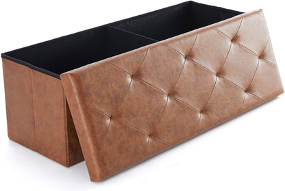 Sweetcrispy 43 Inches Folding Ottoman with Storage Bench, Foot Rest Stool, End of Bed Storage Bench Upholstered, Load 660 lbs, for Living Room, Synthetic Leather, Brown