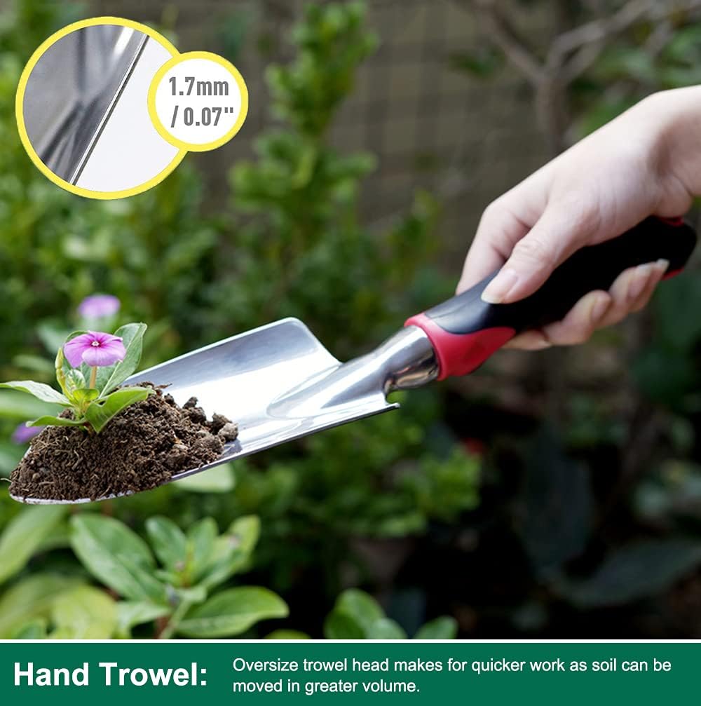 ESOW Garden Tool Set with Non-Slip Rubber Handle, 3 Piece Cast-Aluminum Heavy Duty Gardening Kit Includes Hand Trowel, Transplant Trowel and Cultivator Hand Rake, Red