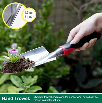 ESOW Garden Tool Set with Non-Slip Rubber Handle, 3 Piece Cast-Aluminum Heavy Duty Gardening Kit Includes Hand Trowel, Transplant Trowel and Cultivator Hand Rake, Red