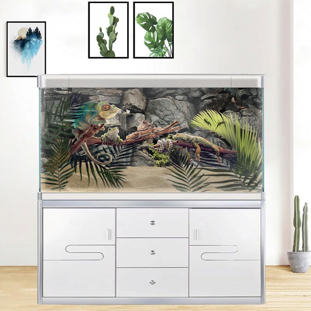 72X24IN Stone Aquarium Background, Rock Fish Tank Background, Natural Rocky Glass Terrarium Background with 8 EVA Double-Sided Tape