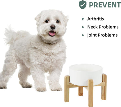Ceramic Raised Dog and Cat Bowl Set, 2 Heights Elevated Stand, Food and Water Bowl for Small Breed Dogs, Weighted Dog Dishes, Pet Bowl(6.1'',28.7oz, White)