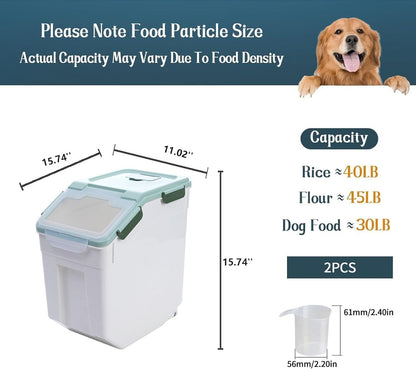 AnRui Rice Storage Container 50LB, Airtight Flour Storage Containers, Plastic Cereal Grain Dispenser Organizer Pet Food Storage Bin with Lid, Measuring Cup, Scoop, Green, 2Pcs(Total Capacity:100LBS)